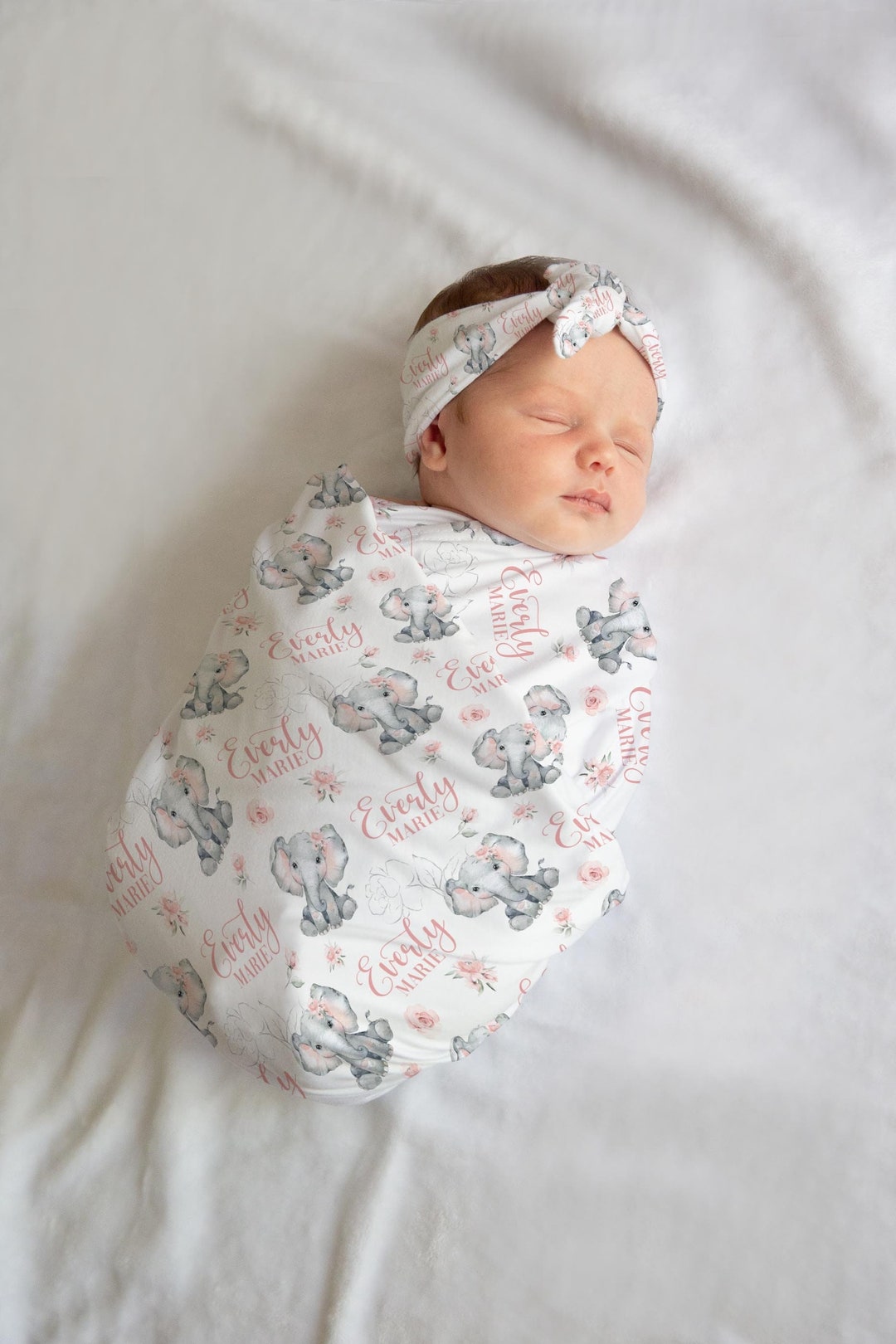 Blush Elephant Swaddle Set, Elephant Swaddle, Elephant Baby Blanket