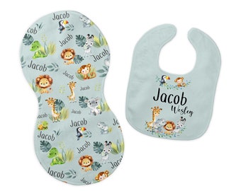 Safari Bib and Burp Cloth Set, Safari Bib, Safari Jungle Burp Cloth, Safari Nursery, Personalized Safari Bib, Elephant Giraffe Lion Bib S3