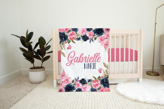 Baby Shower Gift B1263 Navy Blue Blush Pink Watercolor Flowers Nursery ...