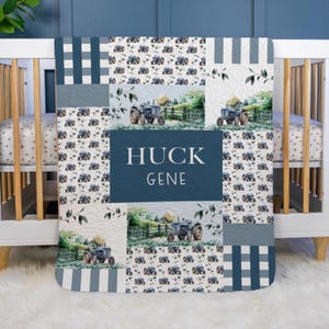 Blue Tractor Baby Quilt, Personalized Baby Tractor Quilt, Optional Bundle with Sign, Farm Quilted Blanket, Tractor Farm Nursery, C40