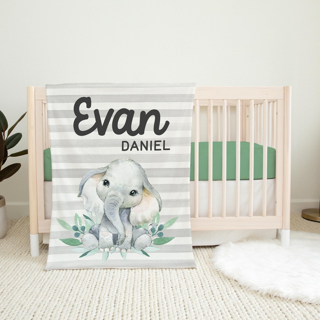 Boy Elephant Blanket, Elephant Striped Blanket, Personalized Baby