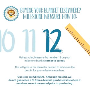 May include: A guide on how to measure a milestone blanket for a baby using a ruler. The image shows a ruler and three numbers: 10, 11, and 12. The text explains that you should measure the number 12 on the blanket from corner to corner to determine the diameter.