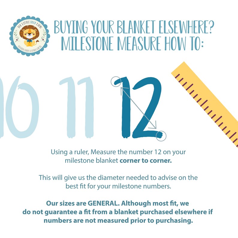 May include: A guide on how to measure a milestone blanket for a baby using a ruler. The image shows a ruler and three numbers: 10, 11, and 12. The text explains that you should measure the number 12 on the blanket from corner to corner to determine the diameter.