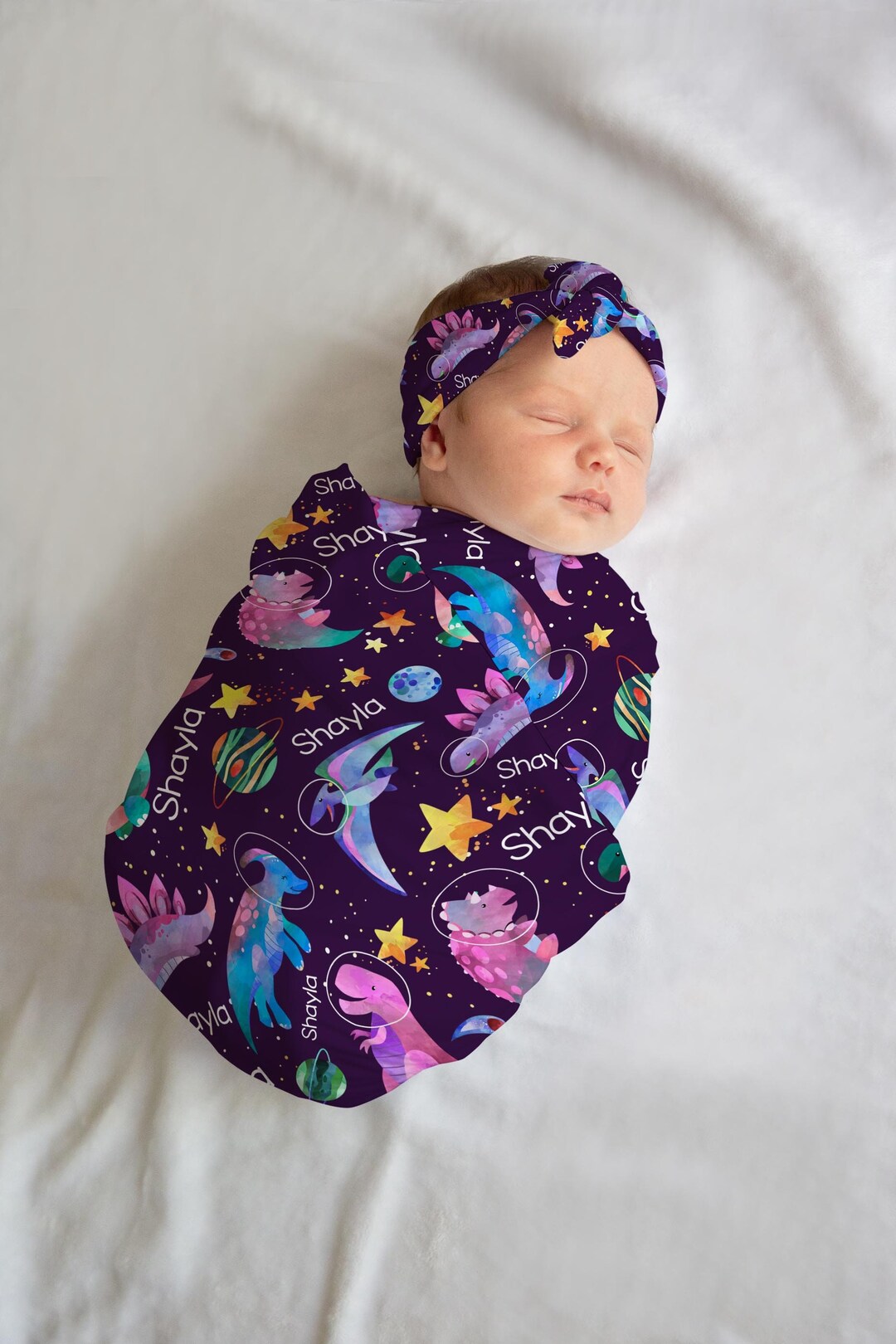 Girl Space Dinosaur Swaddle Blanket Personalized Space Etsy