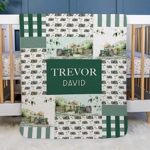 Green Tractor Baby Quilt, Personalized Baby Tractor Quilt, Optional Bundle with Sign, Farm Quilted Blanket, Tractor Farm Nursery, C40
