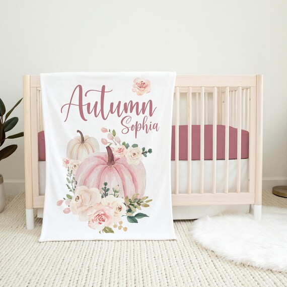Girl Autumn Blanket, Personalized Autumn Baby Blanket, Floral Pumpkin Baby Blanket, Autumn Pumpkin Baby Gift, Autumn Baby Blanket G34