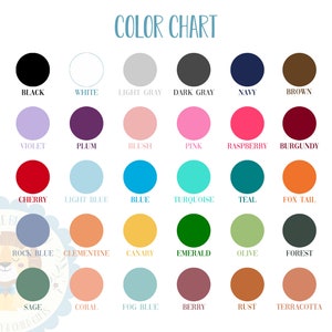 May include: Color chart with 24 different color swatches. The colors are arranged in four rows of six swatches each. The colors include black, white, light gray, dark gray, navy, brown, violet, plum, blush, pink, raspberry, burgundy, cherry, light blue, blue, turquoise, teal, fox tail, rock blue, clementine, canary, emerald, olive, forest, sage, coral, fog blue, berry, rust, and terracotta.