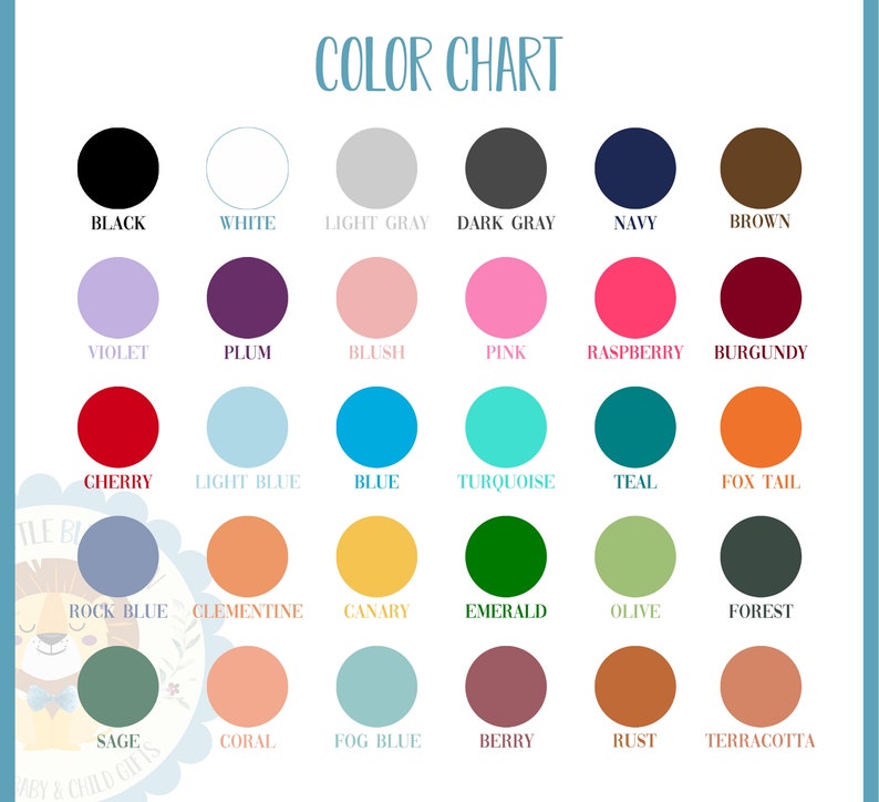 May include: Color chart with 24 different color swatches. The colors are arranged in four rows of six swatches each. The colors include black, white, light gray, dark gray, navy, brown, violet, plum, blush, pink, raspberry, burgundy, cherry, light blue, blue, turquoise, teal, fox tail, rock blue, clementine, canary, emerald, olive, forest, sage, coral, fog blue, berry, rust, and terracotta.