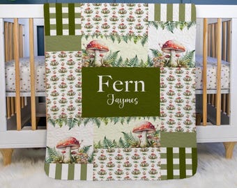 Mushroom and Fern Baby Quilt, Personalized Baby Woodland Quilt, Optional Bundle with Sign, Mushroom Quilted Blanket, Fungi Baby Quilt, W57