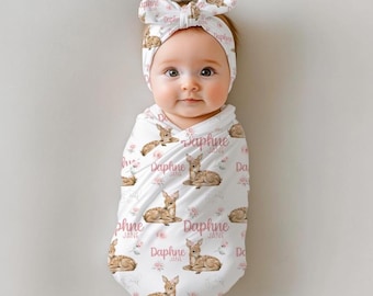 Deer Swaddle Set, Doe Floral Swaddle Blanket, Blush Rose Floral Deer Blanket, Doe Blanket, Woodland Girl Swaddle, Deer Nursery Theme W70