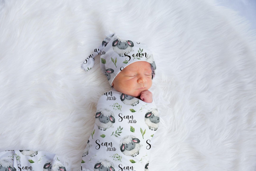 Sheep Swaddle Set, Lamb Baby Blanket, Personalized Farm Baby Blanket