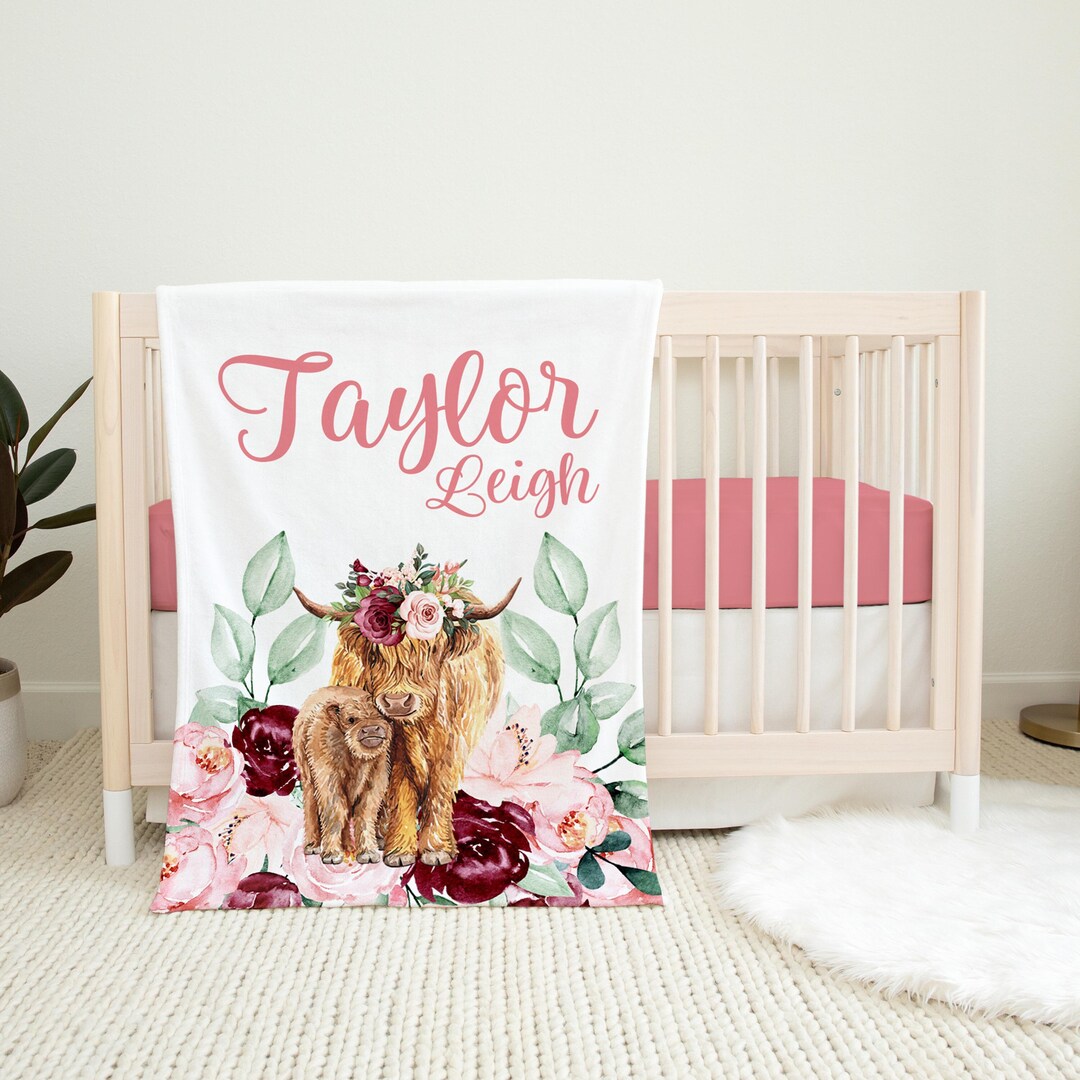 Personalized Cow Baby Blanket, Floral Baby Blanket, Baby Girl Blanket, Baby Shower Gift, Cow Crib Bedding, Cow Baby Gift, Farm Baby Blanket