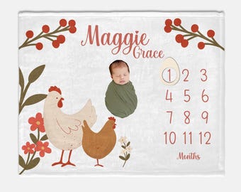 Floral Chicken Baby Milestone Blanket, Chicken Milestone Blanket, Monthly Baby Blanket, Farm Girl Milestone, Hen Baby Blanket C54