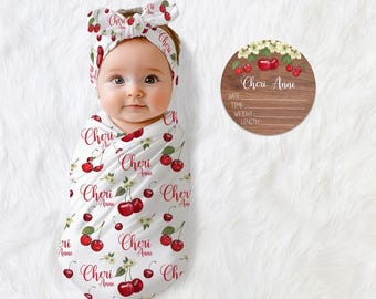 Cherry Swaddle, Cherries Swaddle Bundle Option, Personalized Swaddle Blanket, Cherry Baby Swaddle, Cherry Birth Stat Sign, G97