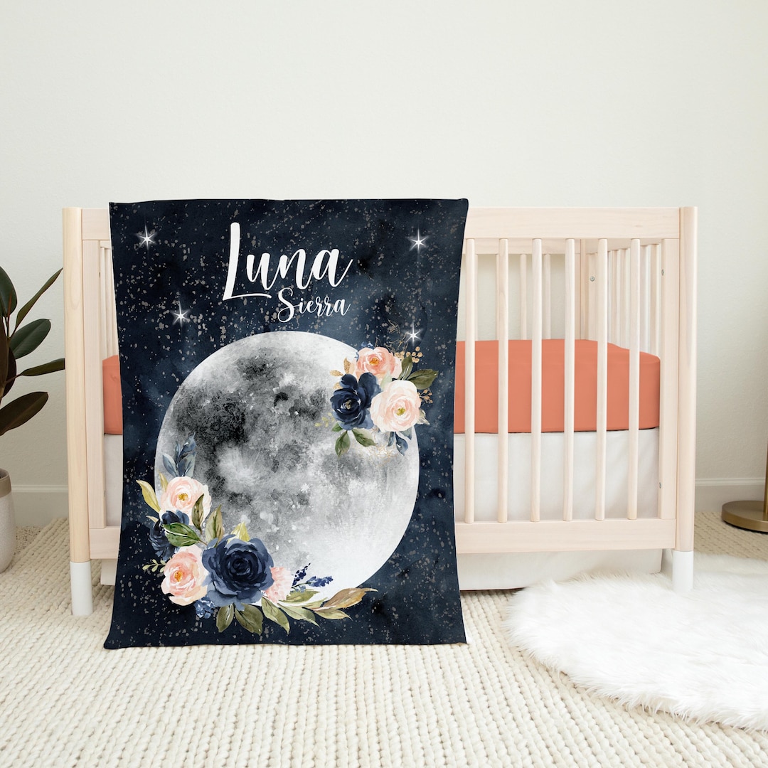 Luna Blanket, Personalized Floral Moon Baby Blanket, Newborn Coming