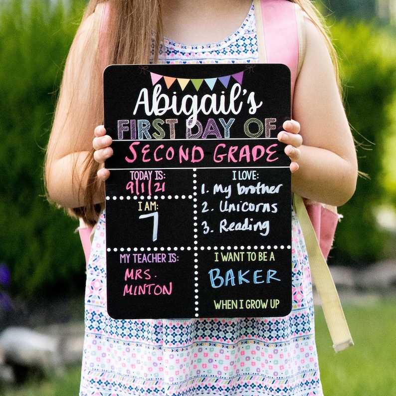 Op de afbeelding: Een zwart schoolbord met kleurrijke versieringen staat er "Abigail's First Day of Second Grade" op. Het bord bevat de datum, de leeftijd, de naam van de leraar en de aspiraties van het kind.