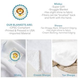 May include: Close-up of three fabric swatches, labeled "Minky", "Cream Sherpa", and "Tan Sherpa". The Minky swatch is a soft, white fabric. The Cream Sherpa swatch is a white, fluffy fabric. The Tan Sherpa swatch is a tan, fluffy fabric with a whipstitch edge.