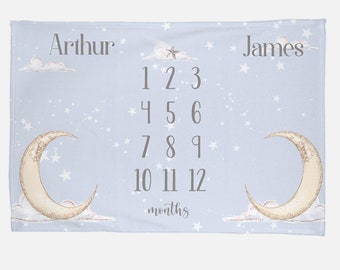 Luna Moon and Stars Baby Boy Twin Milestone Blanket, Celestial Twin Baby Milestone Blanket, Monthly Blanket, Moon and Stars Baby Blanket T17