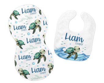 Boy Turtle Bib and Burp Cloth Set, Turtle Bib, Turtle Burp Cloth, Under The Sea Nursery, Personalized Turtle Bib, Turtle Baby Shower, O33