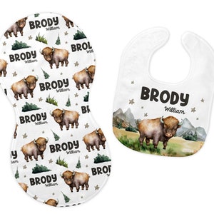 Bison Bib and Burp Cloth Set, Bison Bib, Buffalo Burp Cloth, Personalized Bison Bib and Burp Set, Buffalo Baby Set M26 image 1