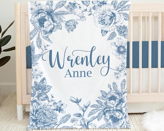 Elegant Blue Toile Blanket, French Floral Toile Nursery Blanket, Personalized Baby Blanket, Floral Nursery Theme, Baby Shower Gift F118