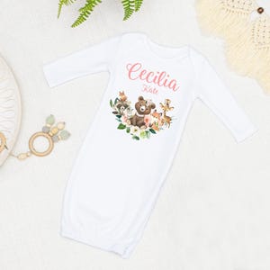 Girl Woodland Baby Sleeping Gown, Woodland Animal Gown, Baby Shower Gift, Woodland Baby Shower Gift, Woodland Newborn Gown, W28