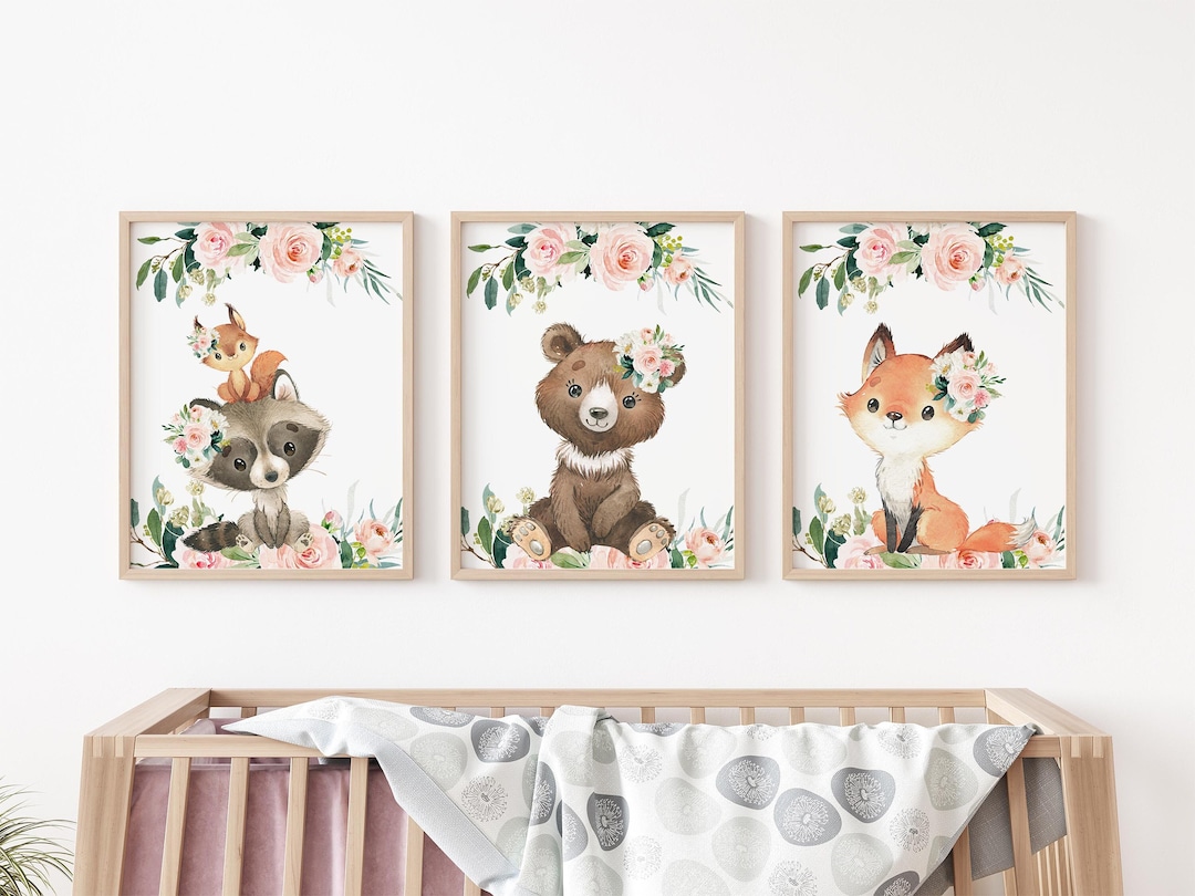 Woodland Forest Animal Nursery Wall Art Set - 3 Canvas Posters, 16x24 Inches, For Baby Room Or Playroom