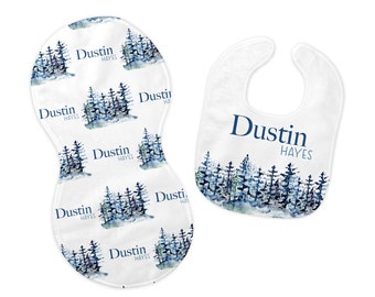 Blue Forest Bib and Burp Cloth Set, Forest Bib, Forest Burp Cloth, Boy Forest Nursery, Personalized Forest Bib W36