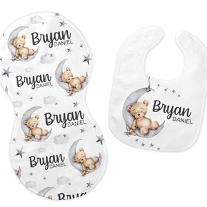Bear Moon Bib and Burp Cloth Set, Bear Moon Bib, Celestial Burp Cloth, Sleeping Bear Nursery, Personalized Moon Bib, B28