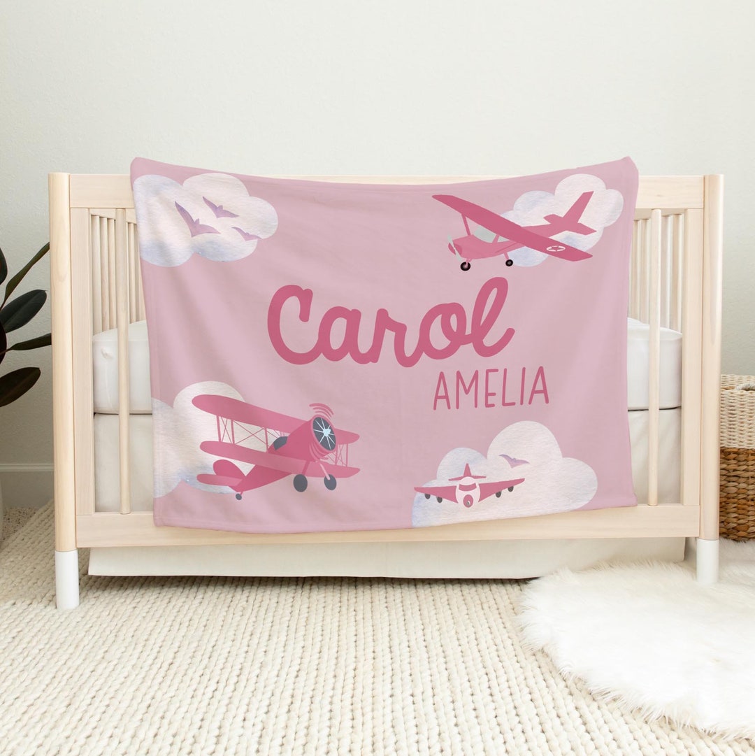 Girl Airplane Baby Blanket, Personalized Baby Blanket, Airplane Nursery Theme, Newborn Airplane