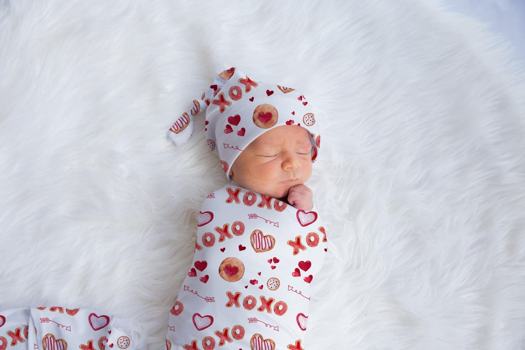 Valentine's Day Swaddle Set, XOXO Baby Blanket, Personalized Red Hearts