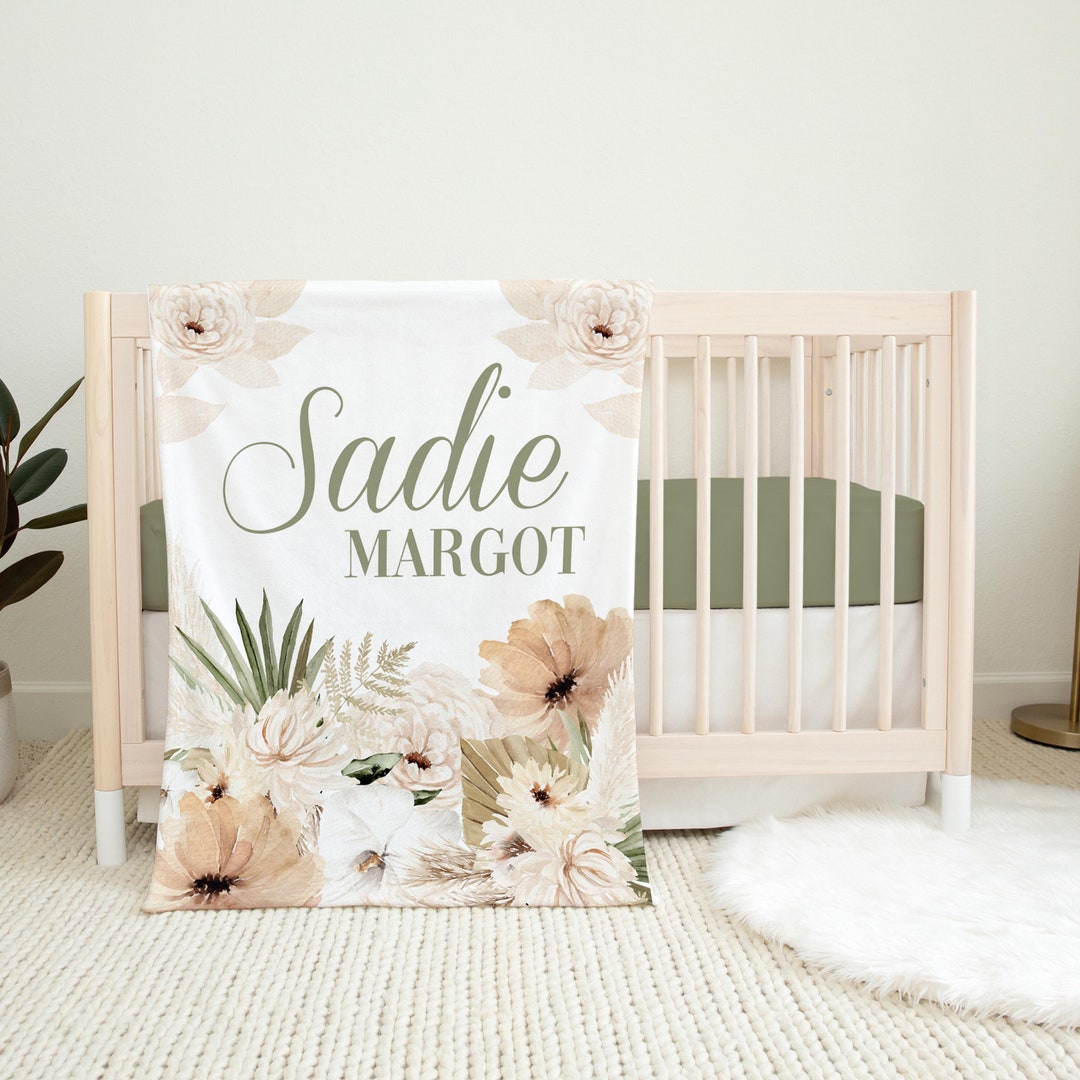 Boho Floral Girl Blanket, Boho Pampas Grass Crib Bedding, Personalized