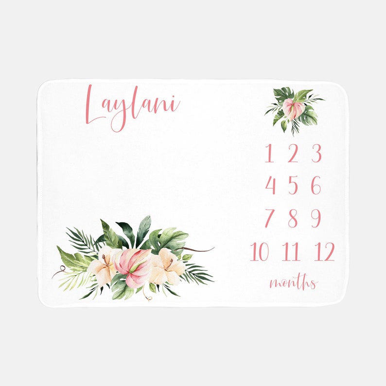May include: White baby milestone blanket with pink floral accents and the name "Laylani" in cursive. Features numbers 1-12 and the word "months" in pink, with floral arrangements in the corners. Perfect for capturing baby's growth.