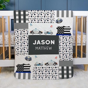 Police Baby Quilt, Personalized Baby Police Quilt, Optional Bundle with Sign, Police Quilted Blanket, Police Baby Gift, B17