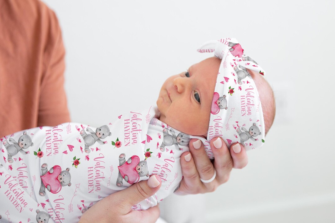 Valentine's Day Swaddle Set, Bear Heart Baby Blanket, Personalized Pink