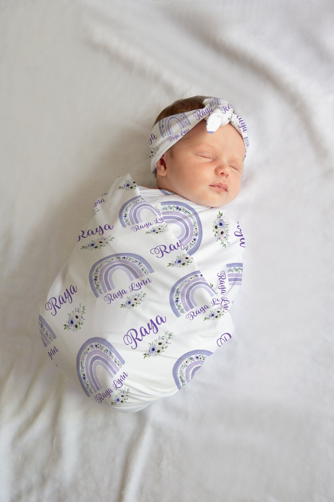 Boho Floral Rainbow Swaddle Blanket, Personalized Baby Blanket, Rainbow