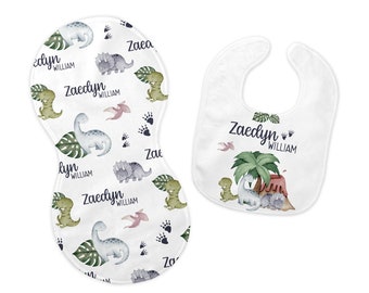 Dinosaur Bib and Burp Cloth Set, Dinosaur Bib, Dinosaur Burp Cloth, Dino Nursery, Personalized Dinosaur Bib and Burp Set, B23