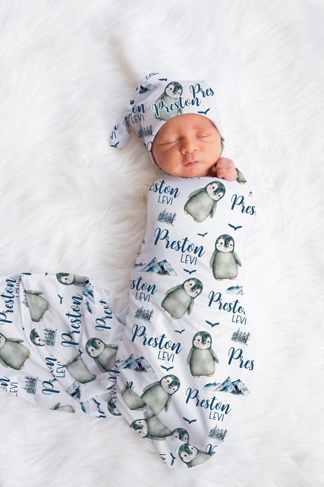 Penguin Swaddle Set, Penguin Swaddle Blanket, Personalized Baby Blanket