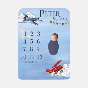 Airplane Baby Milestone Blanket, Planes and Clouds Milestone Boy Blanket, Personalized Baby Blanket, Monthly Baby Blanket, Boy Blanket T23