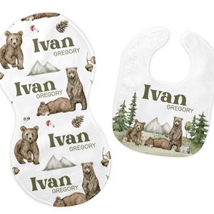 Woodland Bib and Burp Cloth Set, Woodland Bib, Woodland Burp Cloth, Woodland Nursery, Personalized Bear Bib, Bear Mountain Bib Set, W31