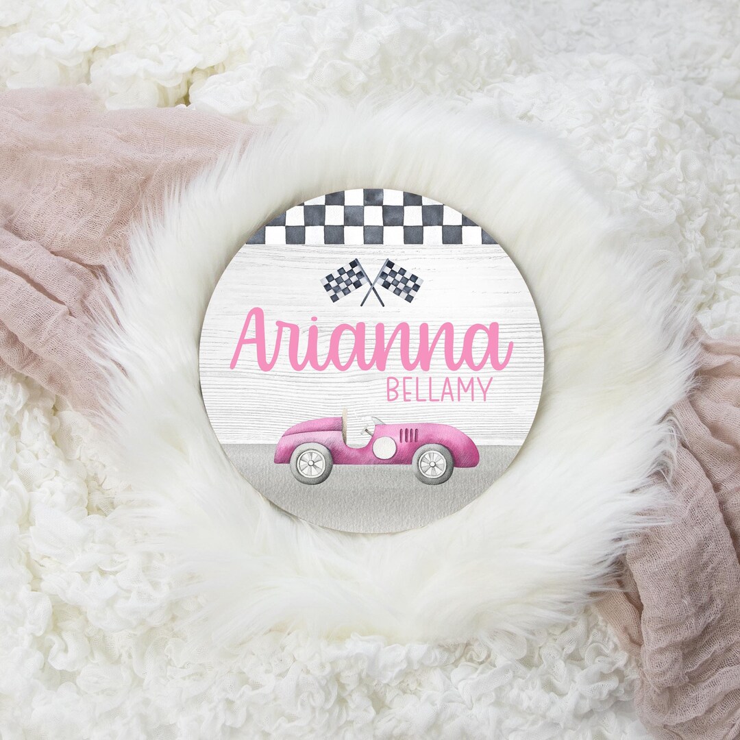 Girl Race Car Round Wood Name Sign, Wood Baby Name Sign, Race Car Baby