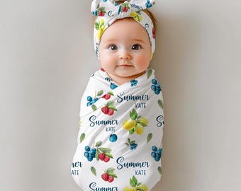 Summer Fruit Swaddle Blanket, Fruit Baby Blanket, Blueberry Baby Blanket, Baby Shower Gift, Raspberry and Lemon Blanket, Summer Fruit Baby