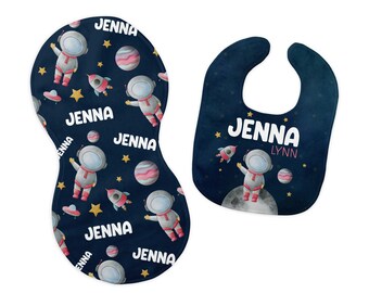 Astronaut Bib and Burp Cloth Set, Outer Space Bib, Rockets Burp Cloth, Outer Space Astronaut Nursery, Personalized Planets Bib, T41