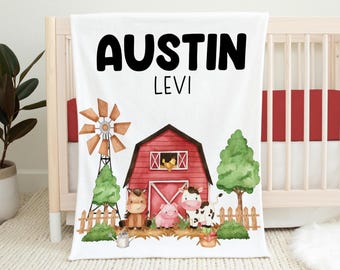 Farm Blanket, Farm Animal Crib Bedding, Personalized Baby Blanket, Farm Animal Nursery Theme, Red Barn Farm Blanket, Gender Neutral C41