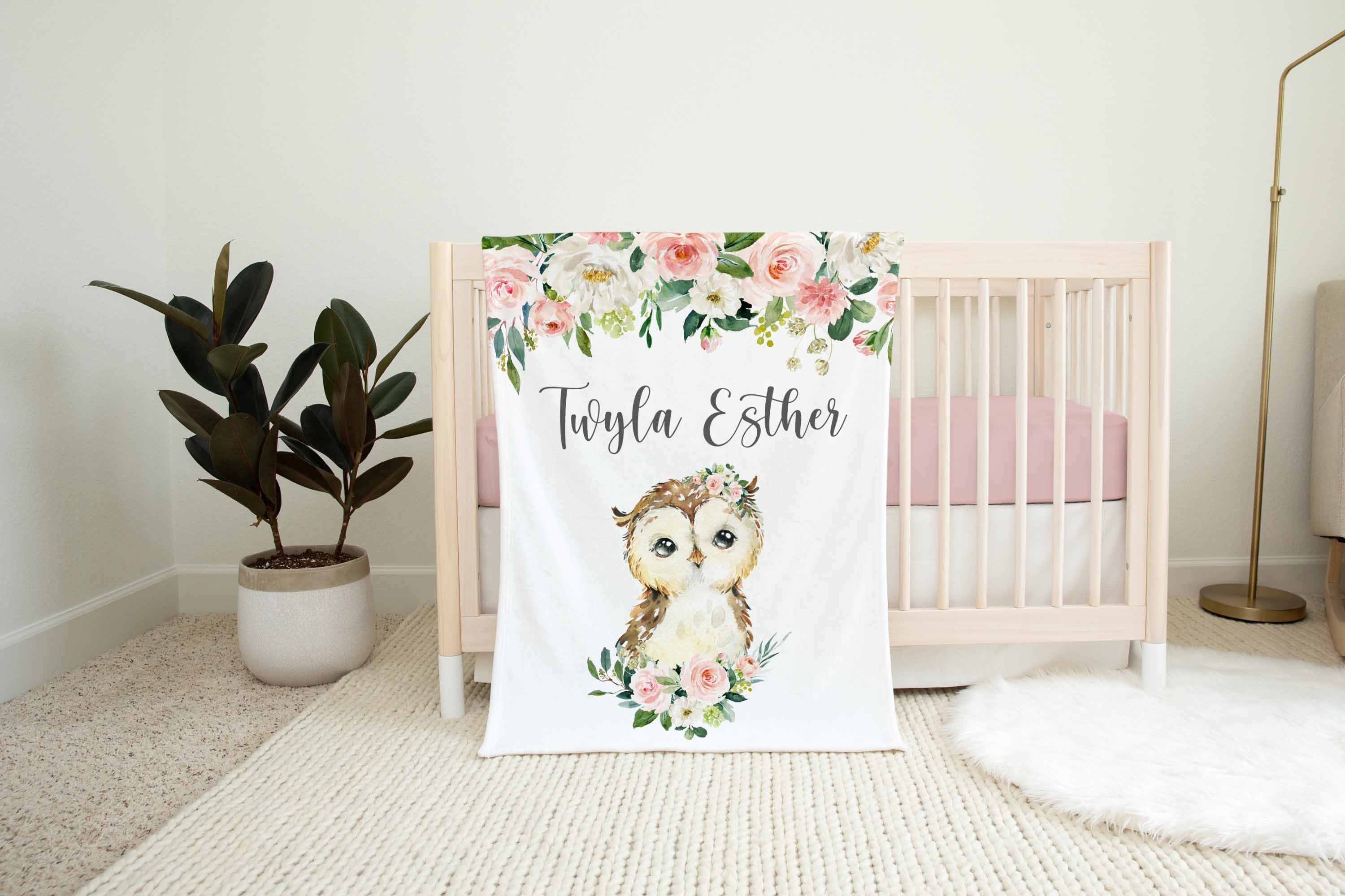 Owl Nursery Baby Blanket, Girl Owl Baby Blanket, Blush Cream Floral Owl Blanket, Owl Nursery Theme, 