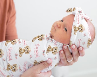 Girl Puppy Swaddle Set, Floral Golden Doodle Baby Blanket, Personalized Girl Dog Baby Blanket, Puppy Nursery Theme, Doodle Swaddle G101