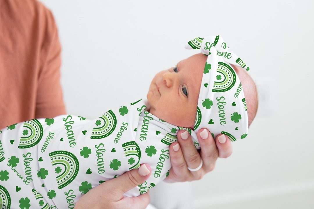St. Patrick's Day Swaddle Set, Shamrock Rainbow Swaddle, Personalized Irish Baby Blanket, Irish