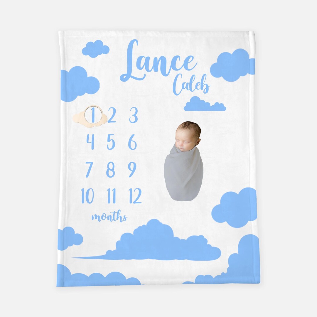 Clouds Milestone Blanket, Blue Cloud Milestone Blanket, Boy Clouds Baby
