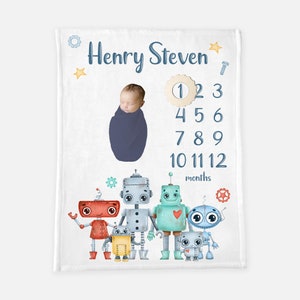 Robot Baby Boy Blanket, Robot Milestone Blanket, Baby Boy Robot, Personalized Baby Blanket, Robot Nursery, Robot Nursery Decor B18