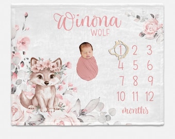 Girl Wolf Baby Milestone Blanket, Floral Wolf Milestone Blanket, Personalized Baby Blanket, Baby Blanket, Baby Girl Blanket, Girl Wolf M38